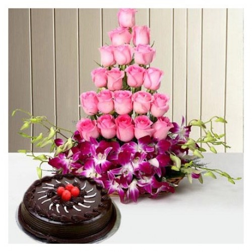 half kg truffle cake n Roses orchid flower Bouquet 